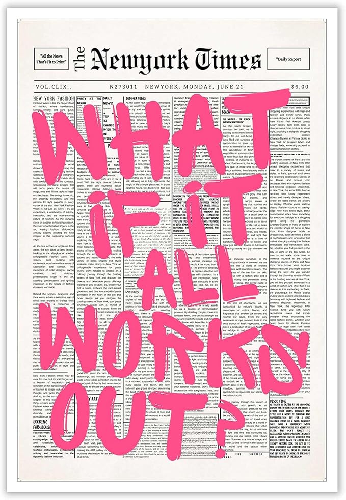 Drimiler Retro Newspaper Pink Font Poster What If It All Works Out Canvas Wall Art Positive Affirming Quote Minimalist Prints Painting For Home Bedroom Dorm Wall Decor 8x12in Unframed