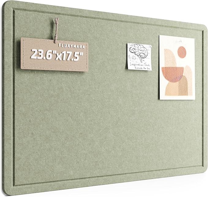 Fluxynara Bulletin Board, 23.6" x 17.5" Cork Board Alternative with 12 Safe Removable Adhesive Tabs, Foldable Felt Pin Board for Home Office, Classroom, Bedroom,Entryway for Walls—Sage