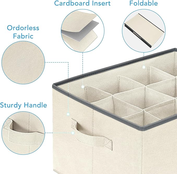 3 Pcs 12 Cell Large Size Pants Organizers for Clothes, Jeans, Sweater, T-shirt, Dress Stackable for Wardrobe Closet Drawer Organizer Storage Bin Container, Beige