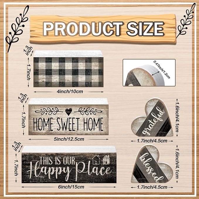 Moucuny 4 Pcs Farmhouse Kitchen Decor Black and White Farmhouse Tiered Tray Decor Home Sweet Home Centerpiece Wooden Heart Rustic Valentines Day Block Sign for Kitchen Shelf Valentines Gift Decoration
