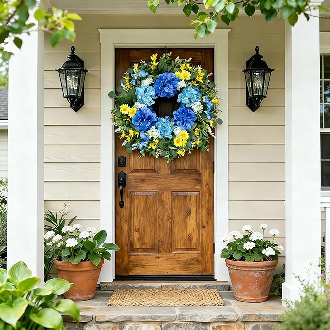 26 Inch Spring Wreaths for Front Door Outside Large Artificial Summer Wreath Silk Hydrangea Wreath with Yellow Daisy and Eucalyptus Leaves Indoor Outdoor Porch Rustic Farmhouse Home Wall Wedding Decor