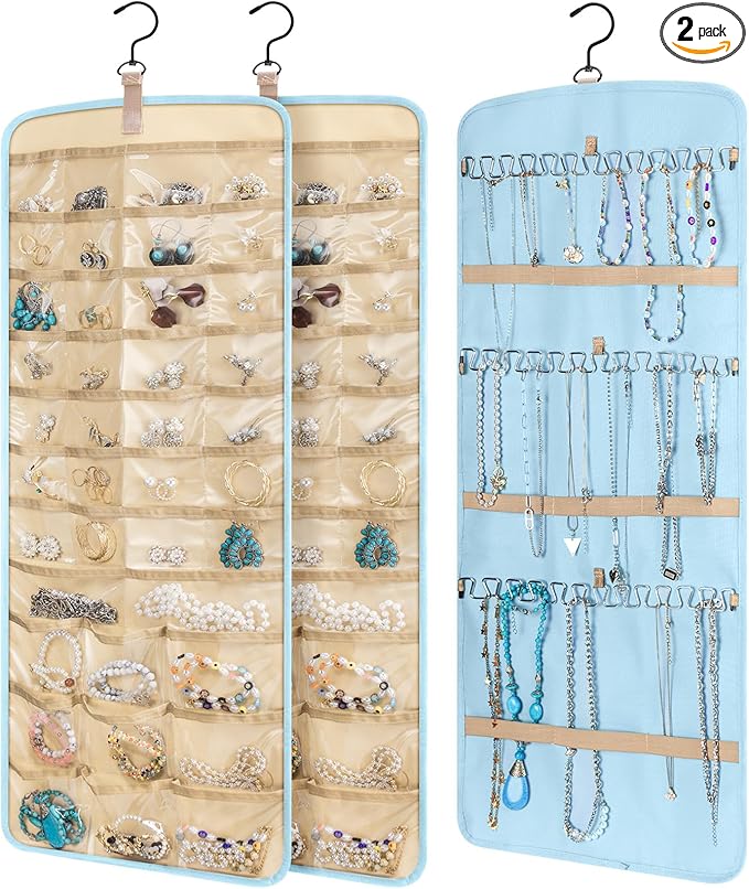 2 Pack Hanging Jewelry Organizer Storage with 39 Pockets, 30 Necklace Hooks Double Sided Wall Mount Earring Holder Organizer Bracelet Necklace Jewelry Display Hanger for Closet Door (Blue)
