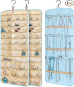 2 Pack Hanging Jewelry Organizer Storage with 39 Pockets, 30 Necklace Hooks Double Sided Wall Mount Earring Holder Organizer Bracelet Necklace Jewelry Display Hanger for Closet Door (Blue)