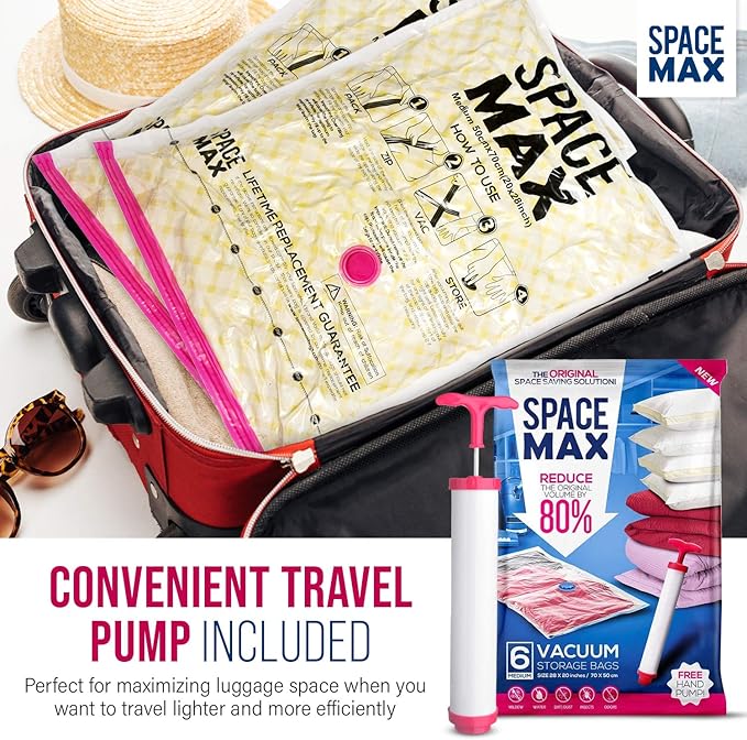 Medium 6 Pack | SPACE MAX Premium Space Saver Vacuum Storage Bags - Save 80% More Storage Space - Reusable, Double Zip Seal & Leak Valve, Includes Travel Hand Pump