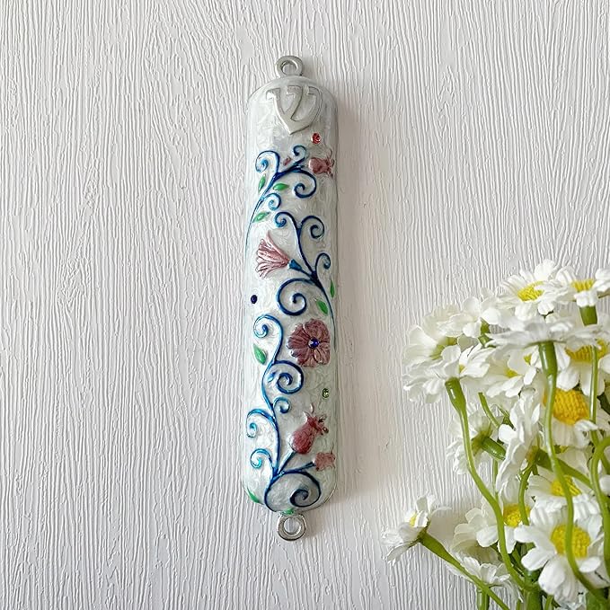 5.2 Inches Hand-Painted Mezuzah, Exquisite Enamel Design with Scroll Included for Jewish Occasions