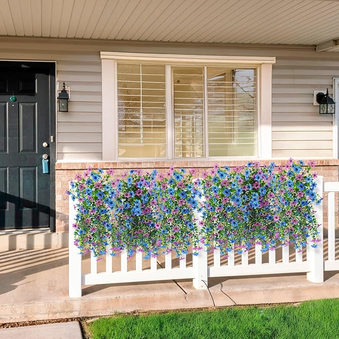 Artificial Hanging Flowers for Outdoors, 2 Pcs Fake Hanging Plant Spring Summer Decoration, UV Resistant No Fade Faux Flower for Porch Patio Yard Window Home Decor(Purple Blue)