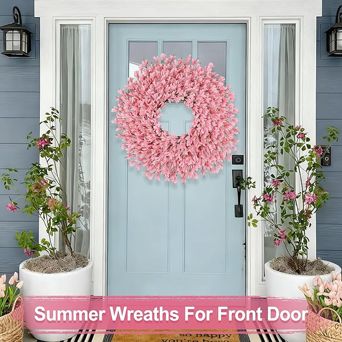 26 Inch Spring Wreaths for Front Door Large Easter Valentines Forsythia Floral Summer Spring Door Wreaths Outdoor All Season Spring Decorations for Home Porch Room Window Wall Farmhouse Decor (Pink-R)