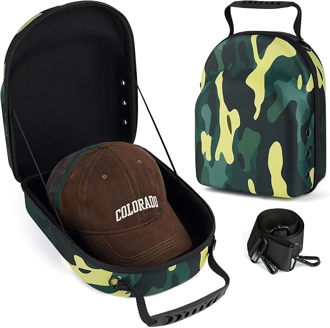 Hard baseball hat case, Hat Carrier Travel Case with Adjustable Shoulder Strap, Hat cap case for 6 Baseball Caps - Perfect for Traveling (Camo Green)