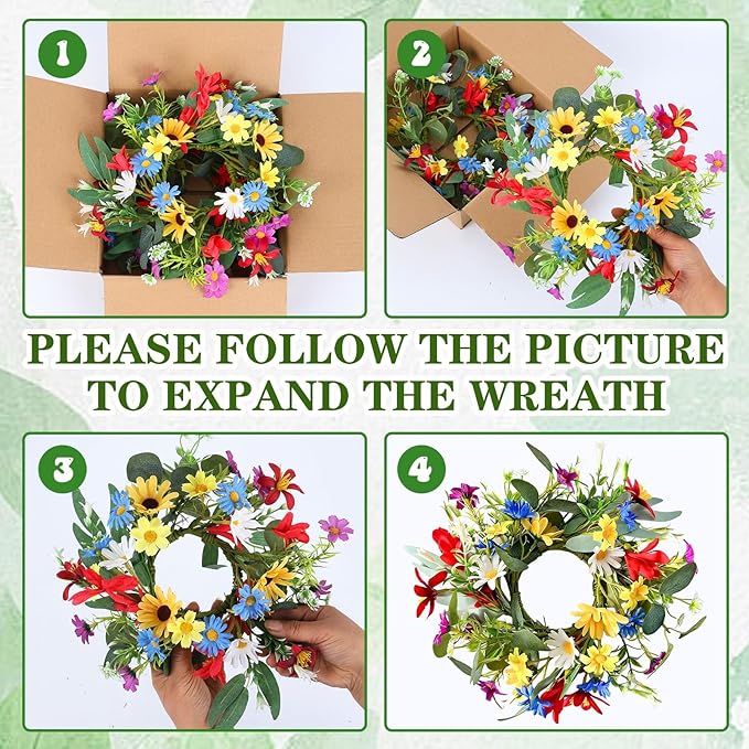 4 PCS 9'' Mini Floral Kitchen Cabinet Wreath Small Artificial Spring Summer Wreath for Front Door with Burlap Ribbon Sunflowers Daisy Butterfly Hanging Farmhouse Wreaths for Porch Wall Window Decor
