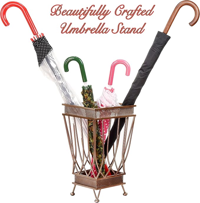 Dualplex Super Quality Umbrella Stand, Umbrella Holder, Antique Look Metal Entry Hallway Décor Square Style w/Removable Drip Tray Home Office Decoration Rack Holds Umbrellas Canes Walking Sticks