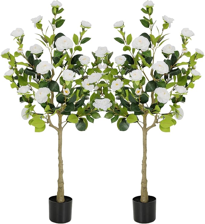 Bellacat 4ft Artificial Camellia Tree with Silk White Flowers, 48in Faux Camellia Plant with Lifelike Trunk, Fake Flower Tree Potted Front Door Plants for Porch Patio Deck Living Room Decor, 2Pack