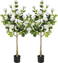 Bellacat 4ft Artificial Camellia Tree with Silk White Flowers, 48in Faux Camellia Plant with Lifelike Trunk, Fake Flower Tree Potted Front Door Plants for Porch Patio Deck Living Room Decor, 2Pack