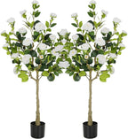 Bellacat 4ft Artificial Camellia Tree with Silk White Flowers, 48in Faux Camellia Plant with Lifelike Trunk, Fake Flower Tree Potted Front Door Plants for Porch Patio Deck Living Room Decor, 2Pack