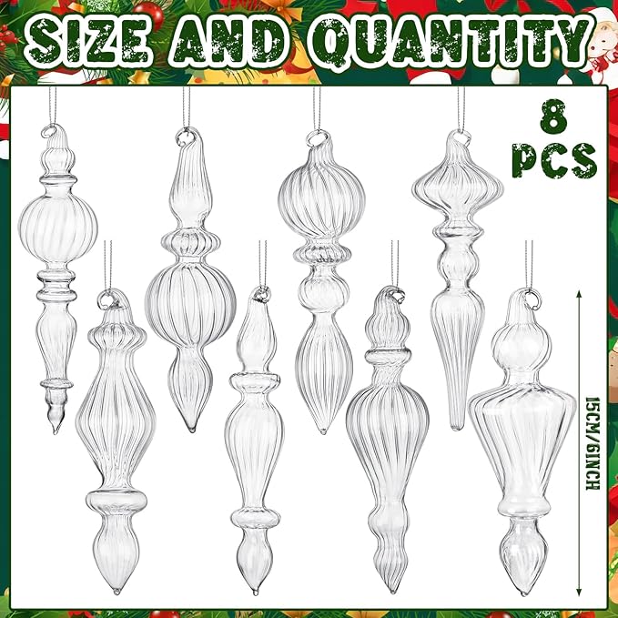 Mifoci 8 Pcs 6 Inch Mercury Glass Finial Christmas Ornaments Hanging Christmas Finials Glass Ornaments Assorted Mercury Decor for Vintage Holiday Xmas Tree Decoration(Clear)