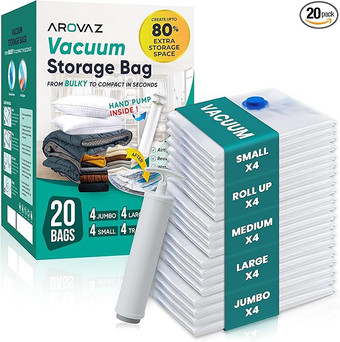 20 Pack Vacuum Storage Bags, Plastic Space Saver Seal Bags (4 Jumbo/4 Large/4 Medium/4 Small/4 Roll) Compression for Clothes, Mattress, Blankets and Bedding Storage, Hand Pump Included