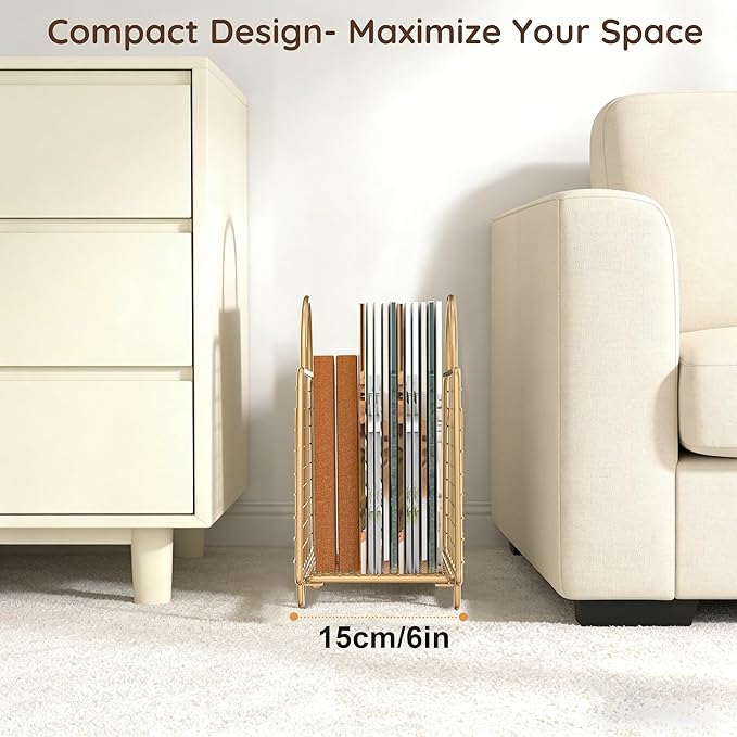 Gold Magazine Holder,Modern Magazine Rack Floor,Metal Wire Magazine Basket,Handbag Design Magazine Storage Organizer for Magazines File Book Newspaper Vinyl Record Albums