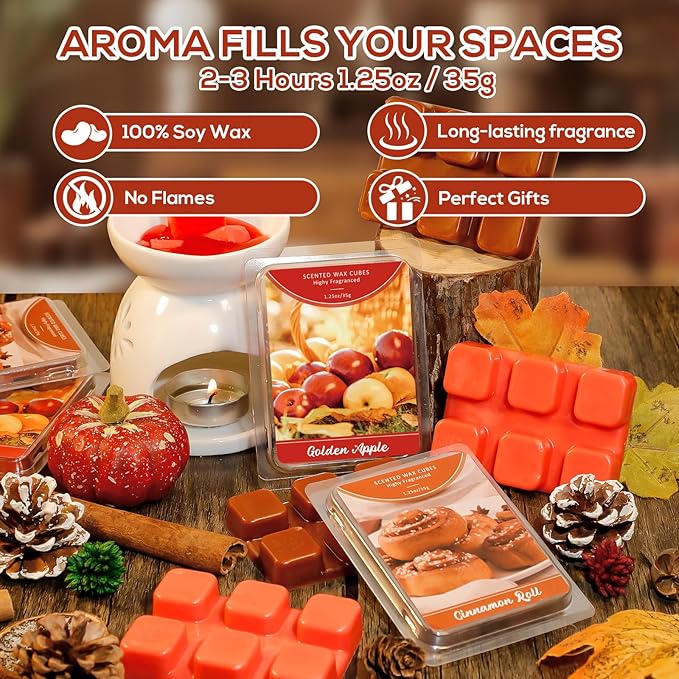 SCENTORINI Wax Melts, Wax Cubes Strong Scent, Summer Scent Candle Wax Tarts 4 Cinnamon Roll & 4 Golden Apple Scented Wax Melts for Warmer, Home Fragrances