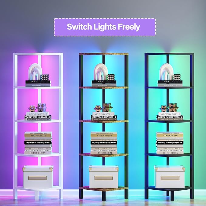 TUTOTAK Corner Shelf with LED Light, 5-Tier Corner Bookshelf for Small Space, Narrow Display Corner Shelf Stand with Storage Rack, for Living Room, Bedroom, White BS08BW005L