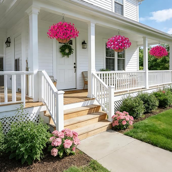 INSPRING Artificial Fake Hanging Flowers Baskets for Outdoors Spring Plants, UV Resistant Outdoor Faux Silk Petunias in Planter Look Real Morning Glory for Outside Patio Porch Balcony Garden, Fuchsia