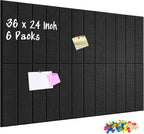 DOLLAR BOSS Felt Cork Board Tiles, 6 Packs 12" x 12" 1/2" Thick Bulletin Board Adhesive Acoustic Panels Soundproof Corkboards for Walls with 60 Pushpins for Home Office Kitchen School, Black Stripe