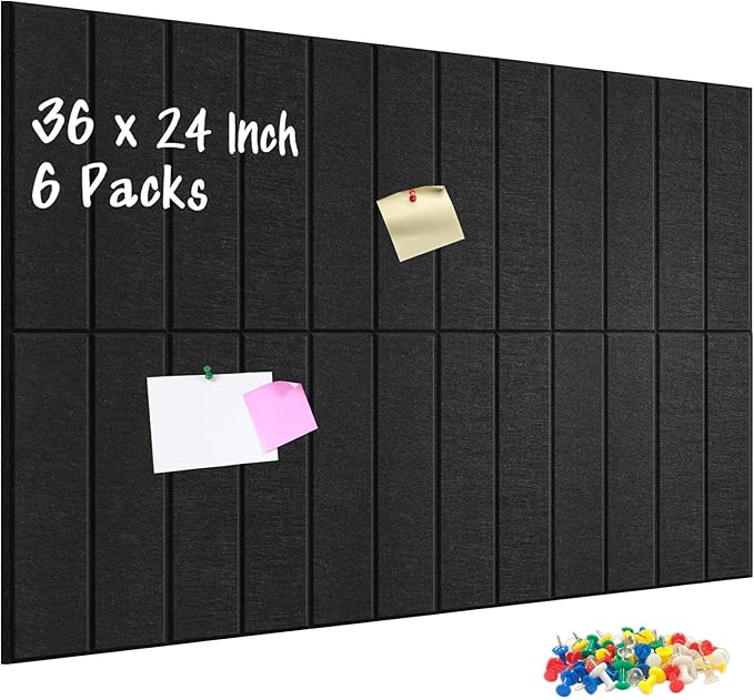 DOLLAR BOSS Felt Cork Board Tiles, 6 Packs 12" x 12" 1/2" Thick Bulletin Board Adhesive Acoustic Panels Soundproof Corkboards for Walls with 60 Pushpins for Home Office Kitchen School, Black Stripe