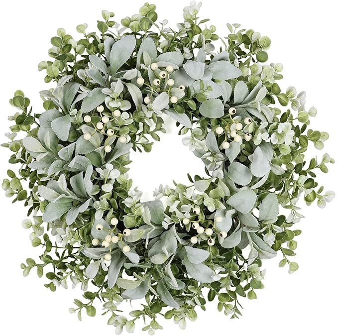 26 Inch Large Lambs Ear Wreaths for Front Door Spring Summer Lambs Leaves with White Berries, Artificial Greenery for Farmhouse Porch Wall Living Room Home Wedding Decor for All Seasons Wreaths