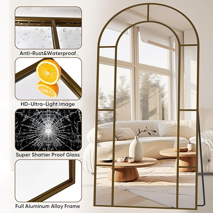 Antok 78" x 38" Full Length Mirror, Floor Mirror Arched Window Decorative Mirror, Metal Framed Decor Farmhouse Floor Mirrors Art Pane Mirrors Wall Decor for Bedroom, Living Room, Entryway Black