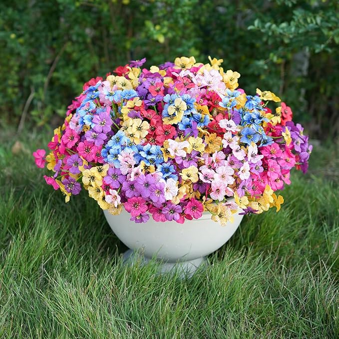 24 Bundles Artificial Flowers for Outdoor Faux Plants for Spring Summer Decoration, UV Resistant Realistic Silk Plastic Fake Flowers Garden Porch Patio Balcony Yard Front Home Decor