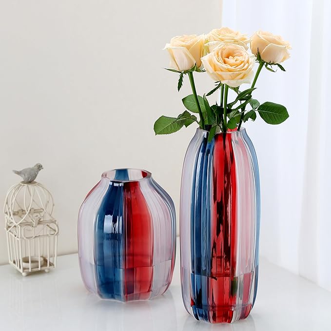4th of July Decorations Christmas Glass Vase for Flowers Red White and Blue Modern Vase Bouquet 12.0" Patriotic Deco Fourth of July Decorations Indoor for Home Centerpieces Tables Living Room,Office