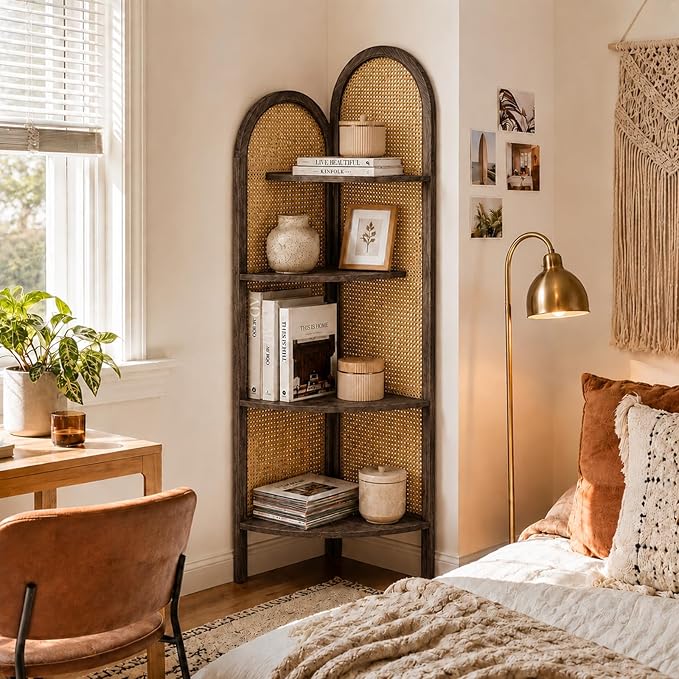 4 Tier Farmhouse Corner Shelf, 70" Tall Pine Wood and Rattan Corner Bookshelf for Small Spaces, Freestanding Display Shelf for Living Room, Bedroom, Bathroom, Kitchen, Brown