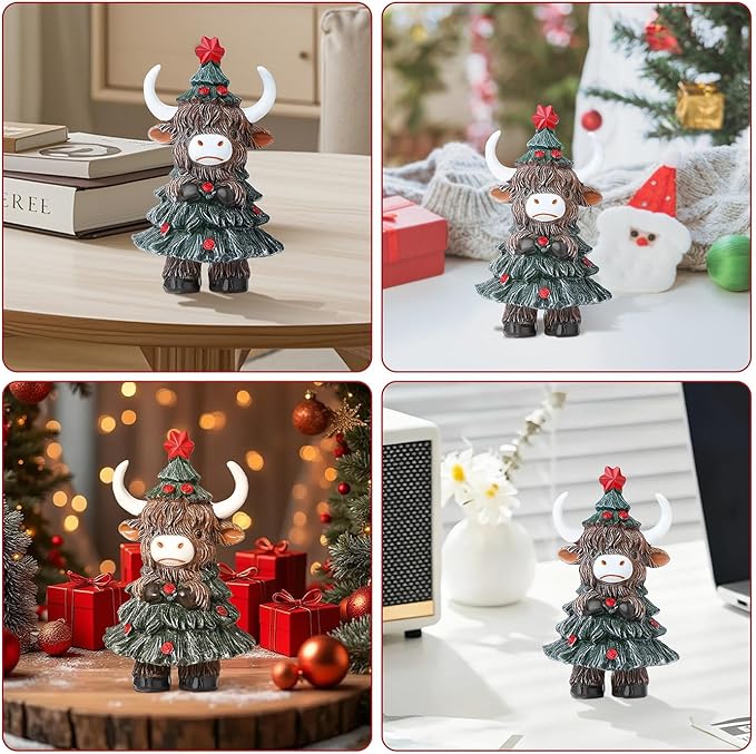DUQGUHO Cow Christmas Ornaments Xmas Resin Ornament Statue Desk Accessories Christmas Figurines 4 Inch Mini Highland Cow Gifts for Women