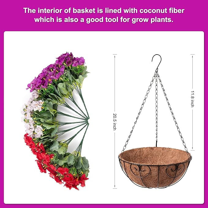 Artificial Flower in Hanging Basket Outdoor Indoor Decoration,Coconut Lining Flowerpot with Faux Plant,Daisy with Eucalyptus Leaves Arrangement for Home Spring Summer Decor(Red Purple White)
