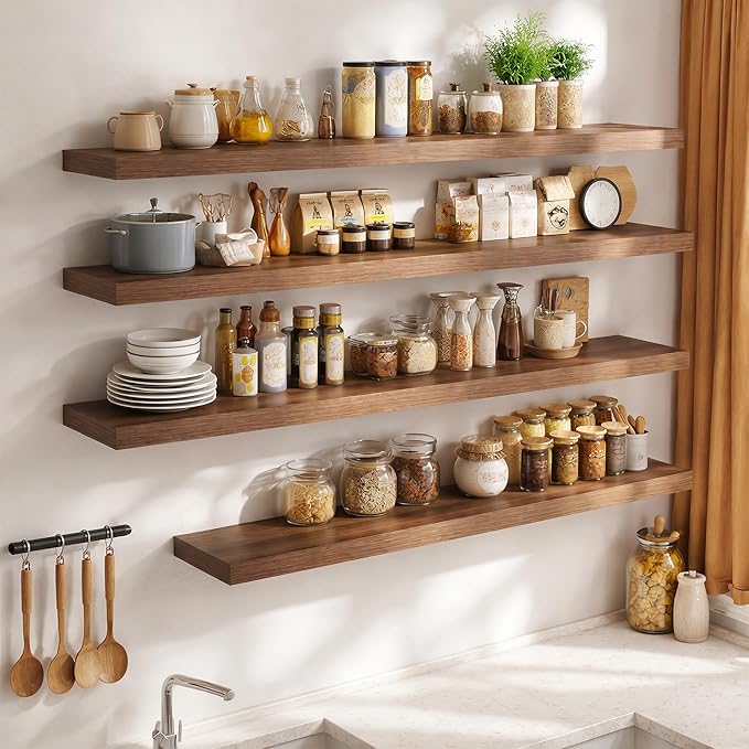 FLYJOE 36 Inch Long Floating Shelves for Wall Set of 2, 12" D Wood Grain Bathroom Shelves with Invisible Brackets, Easy Install Engineered Wood Storage Shelves for Kitchen, Living Room, Bedroom