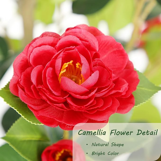 Bellacat 4ft Artificial Camellia Tree with Silk Red Flowers, 48in Faux Camellia Plant with Lifelike Trunk, Fake Flower Tree Potted Front Door Plants for Porch Patio Deck Living Room Decor, 2Pack