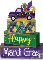 Lineshading 4 Pcs Mardi Gras Decorations Mardi Gras Table Centerpieces Wooden Truck Purple Golden Green Carnival Tiered Tray Decor Truck Block Signs for Masquerade Party Home Office Carnival Decor
