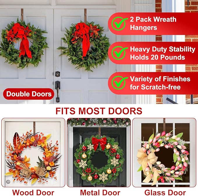 2-Pack Adjustable Wreath Hangers for Front Door Decor, 12.5-20" Heavy Duty Metal Over The Door Hooks (22 lbs) for Easter & Welcome Signs, Ultra-Thin Scratch-Free Holder for Tall & Storm Doors