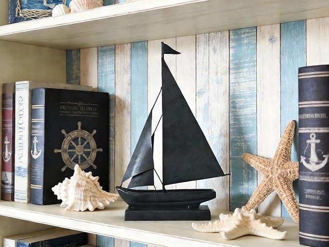 Retro Metal Sailboat Decor, Iron Nautical Sculpture for Home, Vintage Boat Figurine for Living Room Table, Office Desk, Bookshelf, Coastal Style Decoration (Dark Gray)