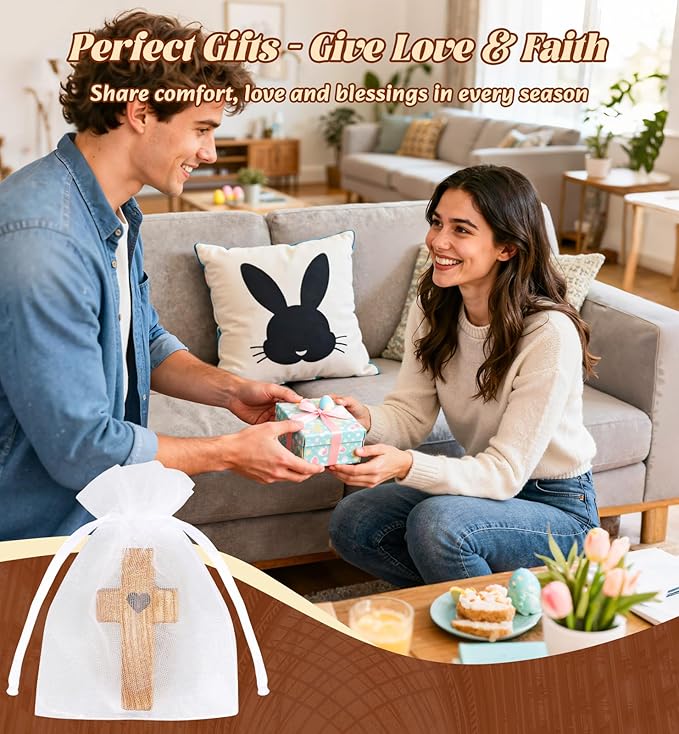 30Pcs Wooden Cross Fidget with Organza Bags Cross My Heart/Encouragement Gift Handcrafted Ash Wood Pocket Cross Handheld Prayer Stress Relief Christian Faith Gifts Religious Easter Day Gifts (Yellow)