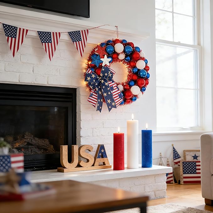 HipTree 13 Inch Patriotic Ball Wreath for Front Door with Lights, 4th of July Wreath with Red White Blue Stars & Ribbon for Memorial Day, Independence Day,Veterans Day, Flag Day,Summer Decorations