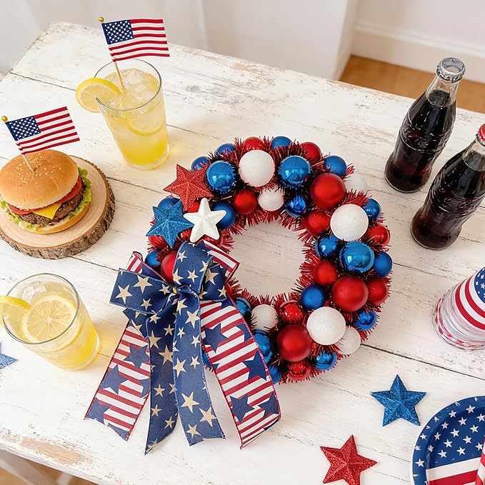 HipTree 13 Inch Patriotic Ball Wreath for Front Door with Lights, 4th of July Wreath with Red White Blue Stars & Ribbon for Memorial Day, Independence Day,Veterans Day, Flag Day,Summer Decorations