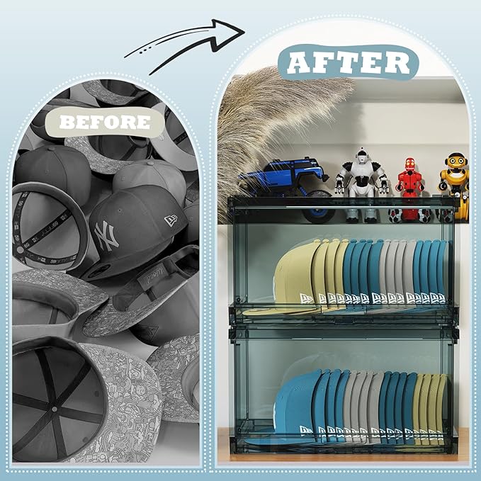 2 Pack Large Hat Organizer Box, Stackable Clear Baseball Caps Holder Box Containers with Sliding Door for Hats Snapback Cap Storag, Hat Rack Display Case, Holds 20 Hats Each -Blue