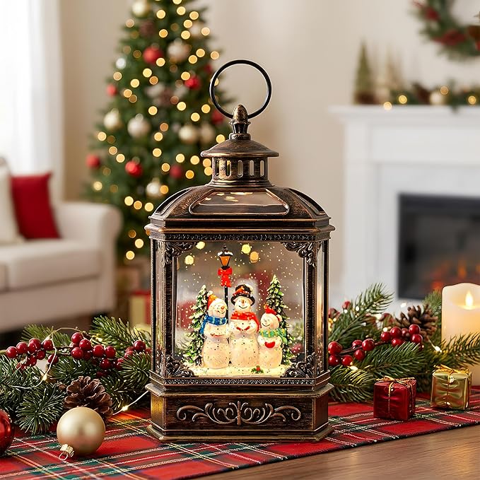 Christmas Snow Globe Swirling Glittering Snowman Choir with Music & Timer, USB Lined/Battery Operated Lighted Water Lantern for Christmas Festival Decoration Gifts