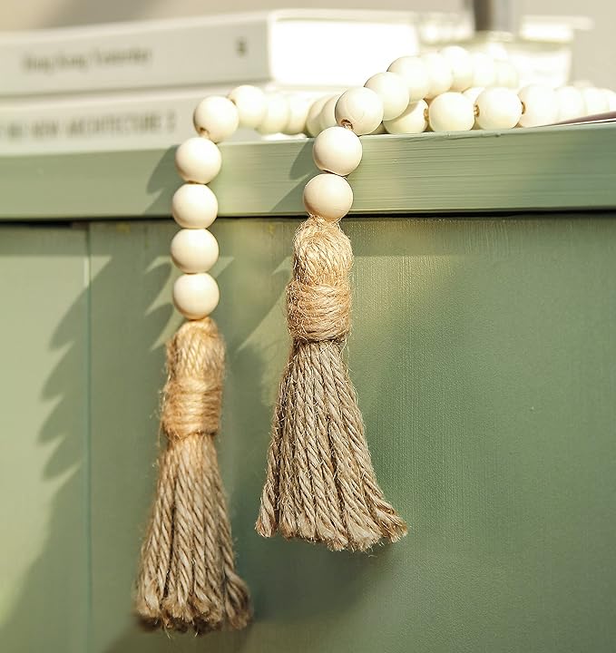 Meplait 39in Wood Bead Garland Farmhouse with Tassels,Versatile Prayer Beads Boho Chic Wall Hanging Home Decor(Natural)