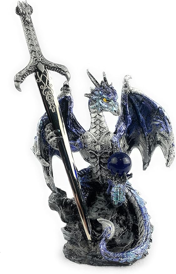 Ain’t It Nice Dragon Statue with Medieval Dragon Sword and Crystal Ball Collectible Dragon Figurine Fantasy Medieval Dragon Décor, Blue 4(L) 2(W) 7(H) inches