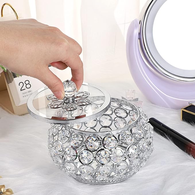 Hipiwe Crystal Jewelry Trinket Box with Glass Lid Silver Mirrored Treasure Box Decorative Jewelry Box Ring Earrings Necklace Storage Keepsake Box Gift for Women