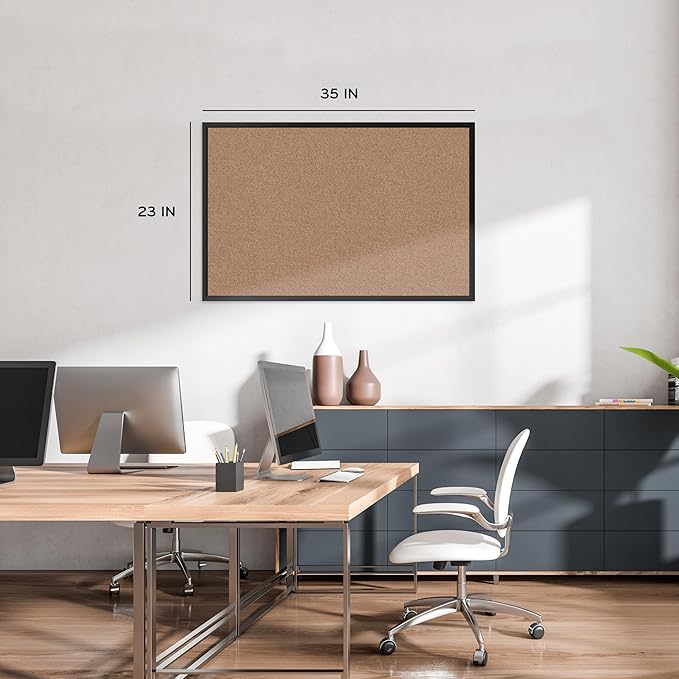 U Brands Cork Bulletin Board, 36" x 24", Black Aluminum Frame, Industrial Grade Pinning Surface