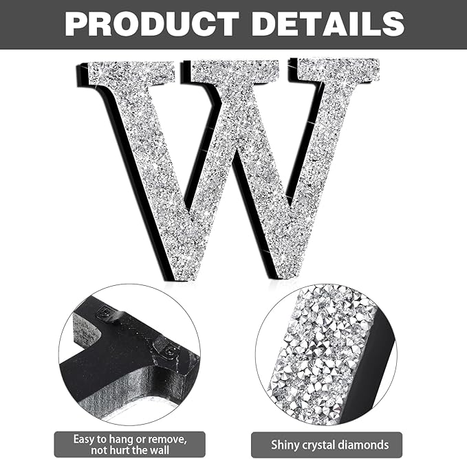 Qunclay 8'' Silver Crystal Diamond Bling Letters Crushed Diamond Decoration Wooden Glitter Letter with Screw and Hooks Rhinestone Gift for Wedding Y2k Mcbling Bedroom Wall Decor (Letter W)