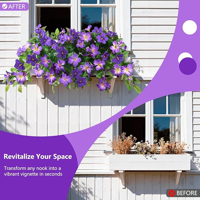 Homsunny Artificial Fake Flowers Plants Outdoor, 2PCS Realistic Faux Silk Flowers UV Resistant Fake Outdoor Flowers for Spring Outside Porch Garden and Home Patio Yard Decor (Double Purple)