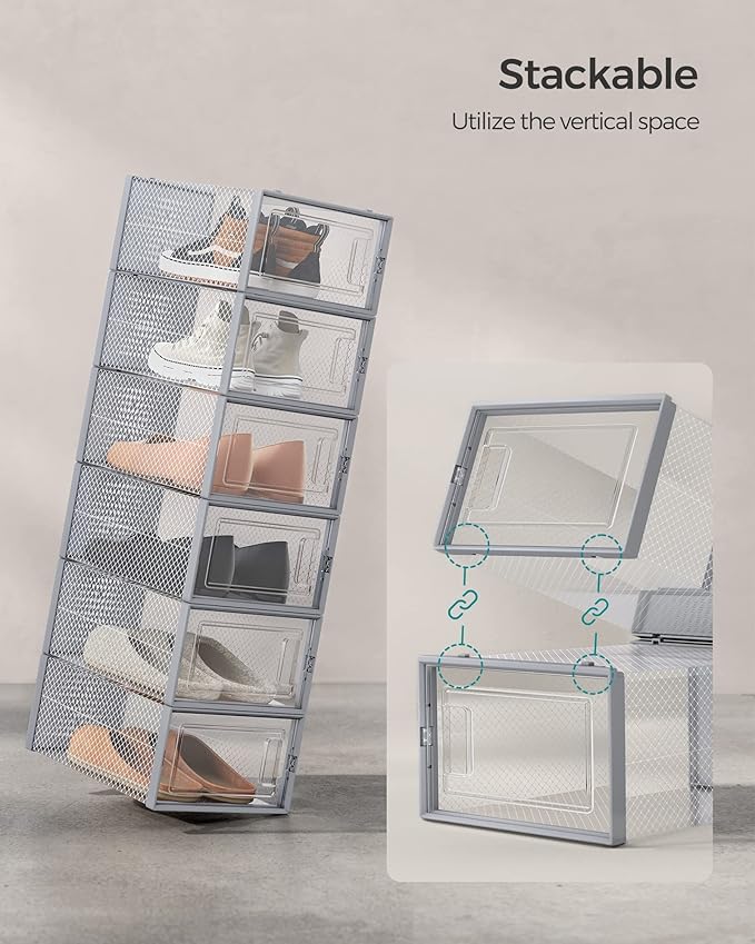 SONGMICS Shoe Boxes, Pack of 12 Shoe Storage Organizers, Stackable Clear Plastic Boxes for Closet, Sneakers, 13.1 x 9.1 x 5.6 Inches, Transparent and Gray ULSP006G12