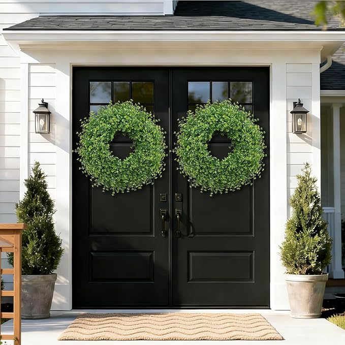 28 Inch Large Boxwoods Wreaths for Front Door Artificial Green Leaves Greenery Indoor Outdoor Wreath Home Decor Porch Window Wall Farmhouse Door Decorations Spring Summer Fall All Seasons